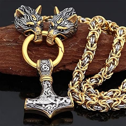 ZBHWYD Wolf head pendant, Nordic mythology pagan necklace, heavy Byzantine chain mythology runune fashion unisex jewelry (Color : A, Size : 50cm) Cover