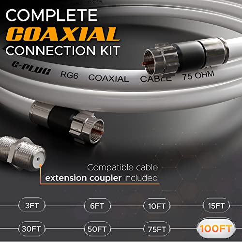 Image of G-PLUG 100FT RG6 Coaxial Cable Connectors Set- High-Speed Internet, Broadband and Digital TV Aerial, Satellite Sky Cable Extension- Weather-Sealed Double Rubber O-Ring and Compression Connectors White
