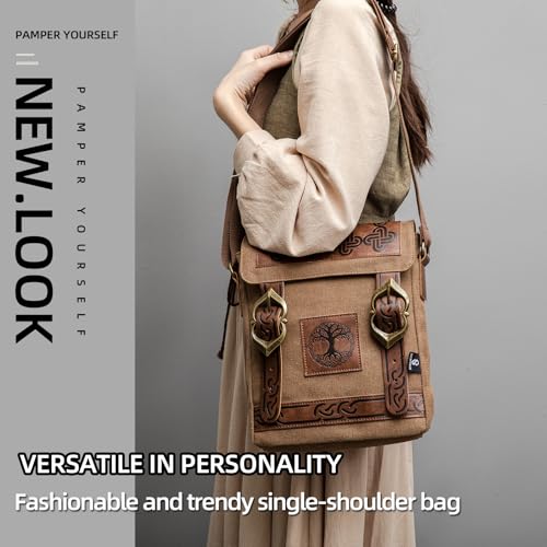Medieval Renaissance Crossbody Bag – Viking Steampunk Canvas Sling Pack，Brown Embossed with Metal LARP, Travel & Urban Adventures4