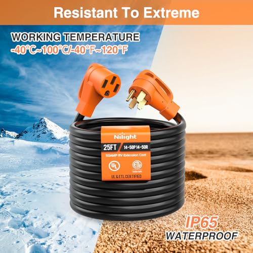 Image of Nilight 25FT 50 Amp RV Extension Cord with Adapter 30Amp to 50Amp 250V Heavy Duty 6 /3+8 /1 Gauge Pure Copper STW Wire UL ETL Listed 4 Prong 14-50P 14-50R Weatherproof Suit for Generators Camper