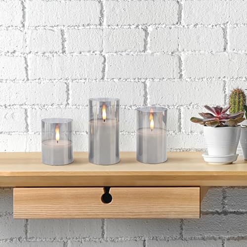 Image of Stonebriar 3 Pack Real Wax Assorted Size Flameless LED Pillar Candles in Glass Hurricane with Remote and Timer
