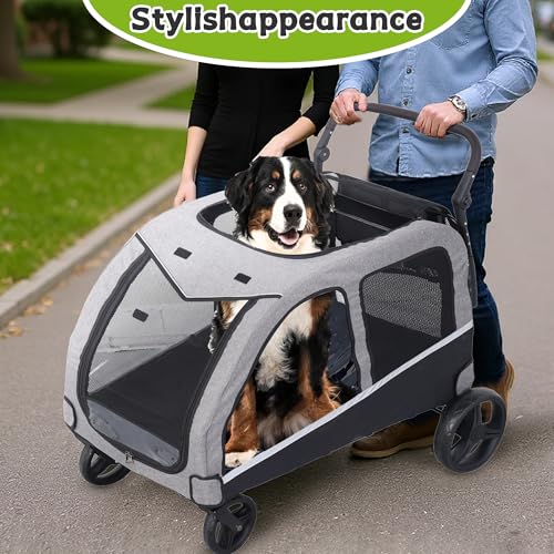 Image of Saudism Dog Stroller for Large & Medium Dogs (up to 160lbs), Pet Stroller for 2 Small Dogs, Extra Large Heavy Duty, Dog Wagon Foldable & Adjustable Handle with Pocket, Grey