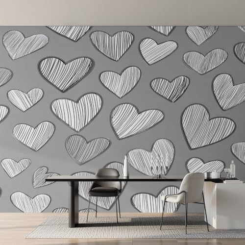 Papier peint panoramique cœurs gris pour masquer un mur salon - 3