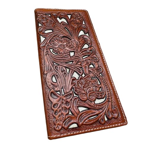 Urbalabs Mens Long Wallet Floral Cutout Layered Leather Brown White Soft Leather Checkbook Style Cowboy Hand Crafted High End Mens Wallets Leather Bull Rider Rodeo Concho Gifts For Men