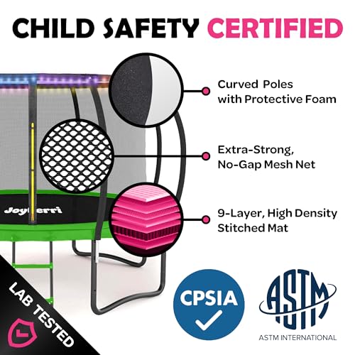 Image of JoyBerri Upsurge Trampoline Outdoor - ASTM Certified Safe 8Ft 10Ft 12Ft 14Ft 15Ft 16Ft Recreational Trampoline for Kids and Adults. Anti-Rust Coating with Enclosure Net, Ladder, Sprinkler & LED Lights