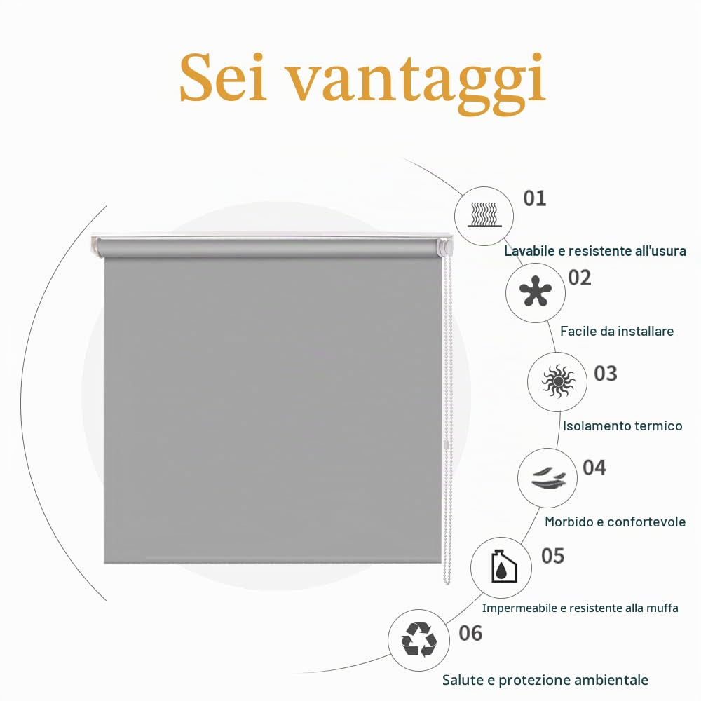 SMONTER Tenda avvolgibile in tessuto impermeabile al 100% oscurante, isolante termico, protezione UV, per camera da letto, facile da installare, 112 cm di larghezza x 200 cm di lunghezza (grigio)