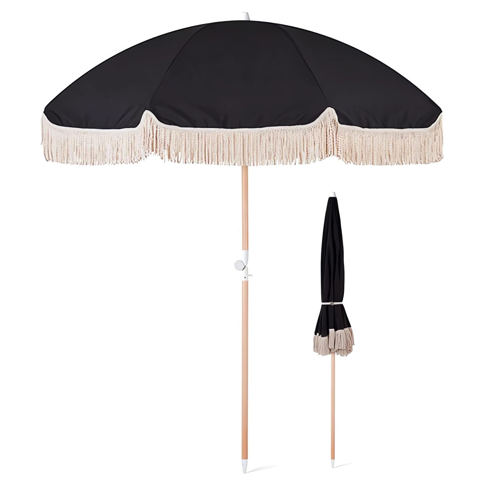 WBQYIPD Wooden Tilted Garden Umbrella, 6.6ft Portable Outdoor Tassel Umbrella UPF50+ Sun Protection Parasol for Patio Beach