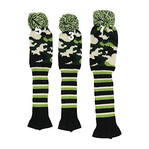 SEACLOUD 3pcs Knitted Golf Club Head Covers for Driver and Fairway Woods Headcovers Set (Argyle/Stars and Stripes Pattern) Camouflage Green