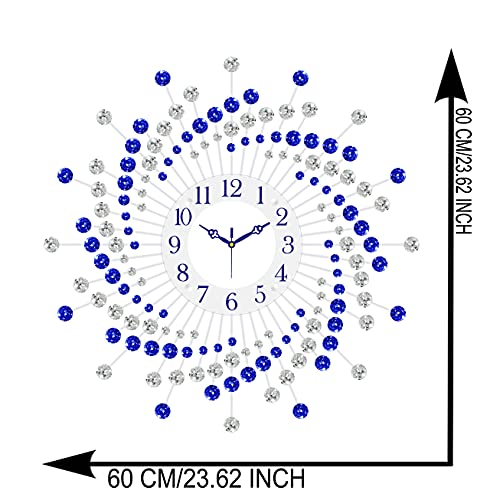 Image of CHRONIKLE Beautiful Crystal Analog Floral Design Round Diamond Studded Metal Wall Clock for Living Room Home Decor Office Gifts (Size: 60 x 5 x 60 CM | Color: Blue & White | Weight: 1460 Gram)