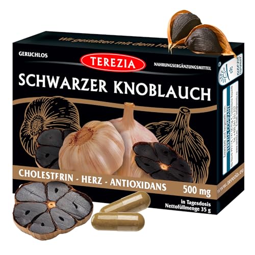 TEREZIA Schwarzer Knoblauch Hochdosiert Kapseln - Geruchlos, leicht schluckbar - Immunsystem Unterstützung - Black Garlic Extrakt 500 mg, Immunabwehr, Energie, Antioxidantien, 60 Kapseln/Tage