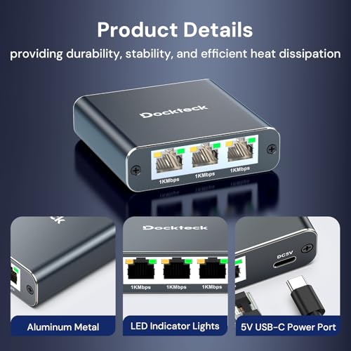 Image of Ethernet Splitter 1 to 3 1000Mbps, Dockteck Internet Cable Splitter 1 in 3 Out High Speed Switch Network Gigabit for LAN RJ45 Port Router Switch Work with Cat5 /5e /6 /7 /8 Cable(Silver Grey)