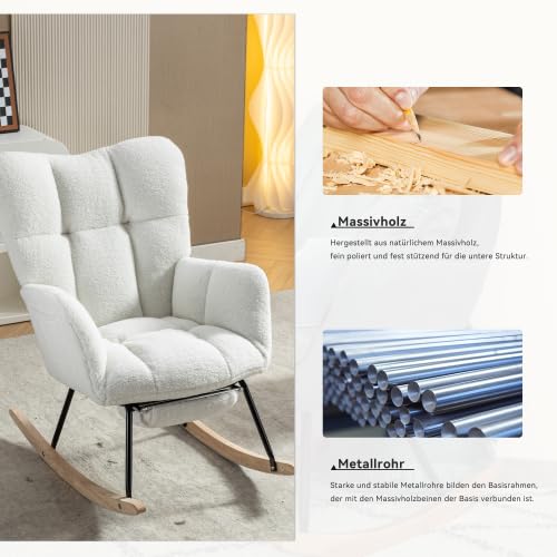 Biały fotel bujany z pluszem i składanym podnóżkiem, ergonomiczny fotel relaksacyjny z cichymi filcowymi podkładkami, do salonu, sypialni i biura, obciążenie do 110 kg