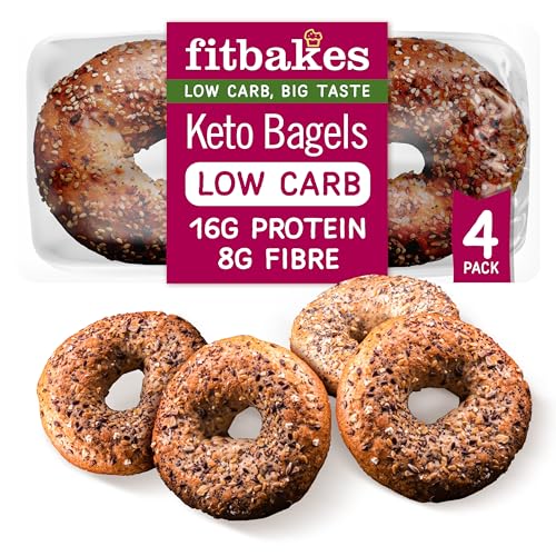 Fit Bakes Keto Bagels, 16g Protein, Low Carb Bread, 8g Fibre (4 Protein Bagels) Multi Seeded Bread Keto Snacks Diabetic Food Protein Snacks Low Calorie, With Flaxseed, Sesame Seeds Sunflower Fitbakes
