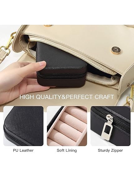 Image of Mini Jewellery Travel Case, PU Leather Organizer Box, Small Portable Jewellery Storage Holder for Womens Rings Earrings Necklaces (Peach-PU Leather Box) (Black)