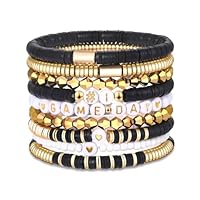Beljeley Black Game Day Bracelets for Women Stackable Stretch Heishi Clay Beaded Bracelets Preppy Friendship Jewelry Football Accessories