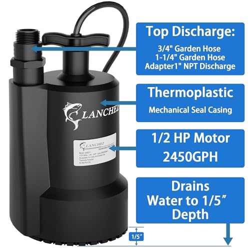 Image of Lanchez Sump Pump, 1 /2 HP 2450GPH Submersible Water Pump, Utility Pump Thermoplastic Portable Electric Transfer Pump for Hot Tub Swimming Pool Basement Garden Pond Tubs Draining with 10FT Cord