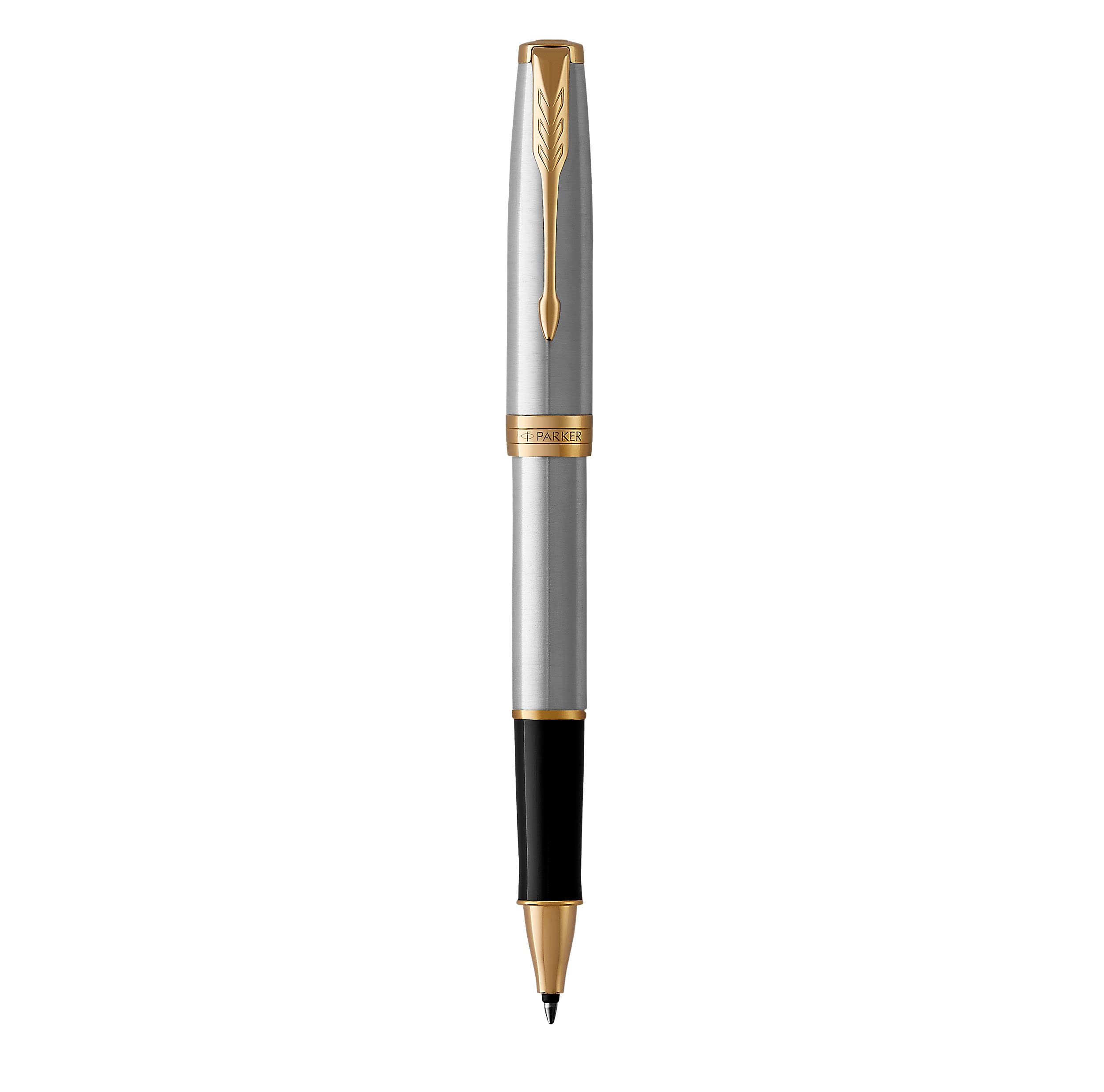 PARKER Sonnet Rollerball Pen, Stainless Steel with Gold Trim, Fine Point Black Ink (1931506)