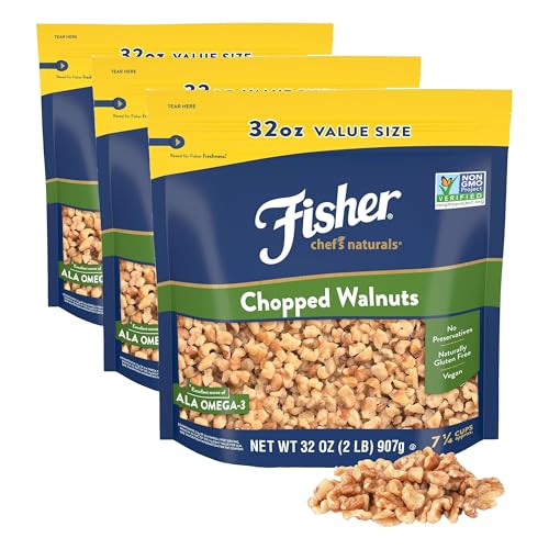 Image of Fisher Chef's NaturalsChopped Walnuts 2 Lb,100% CaliforniaUnsaltedWalnuts for Baking&Cooking,Healthy Snacks for Adults,ResealableBag,Vegan Protein,Keto Snack,Chopped Nuts,Topping, 32 Oz (Pack of 3)