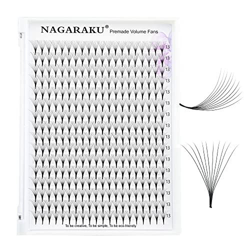 NAGARAKU Eyelash Extensions 320 Clusters Premade Fans Russian Volume Long Stem Premade Fans Thin Pointy Base Natural Pre Fanned Fluffy False Eyelash Black 16 Rows (10D 0.07 C Curl 13mm)