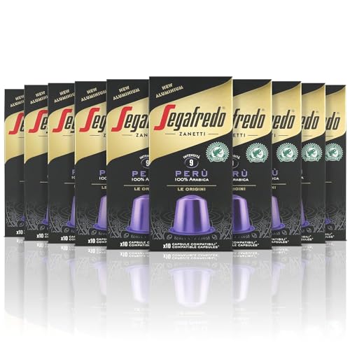 Segafredo Zanetti 100 cápsulas de aluminio compatibles con Nespresso de café 100% Perú, rico y aterciopelado (10 cajas de 10 cápsulas) – Aptas para cafeteras Nespresso Original