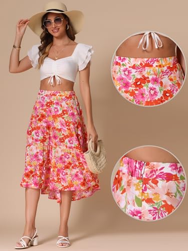 Allegra K Boho Floral Skirt for Women's High Low Hem Elastic High Waist Midi Skirt2