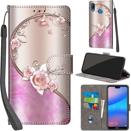 Cover per Huawei P20 Lite Case PU Pelle Custodia [Kickstand] [Chiusura magnetica] [Slot per Schede], Portafoglio Flip Custodia per Huawei P20 Lite,Rosa