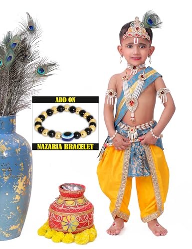 Image of Krishna Dress for Kids, Baby Krishna Dress for Janmashtami with Krishna Mukut, Peacock Feather & Flute Embroidered Krishna Costume for Girl & Boy, 3 Months-8 Years