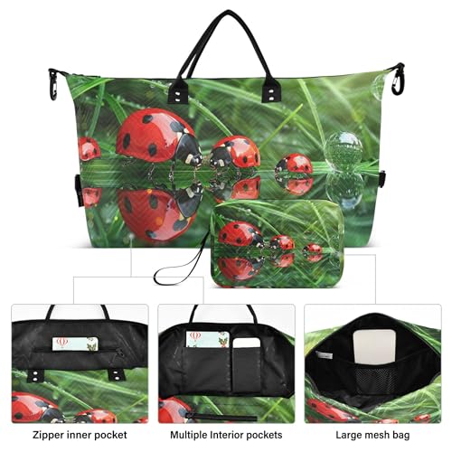 Ladybugs Droplet Grass Green Duffel Bag for Travel Toiletry Bags Set of 2, Funny Luggage Set Weekend Bag Duffel2