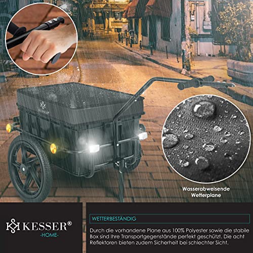 KESSER® Fahrradanhänger, Lastenanhänger, Handwagen mit Kupplung, Hochdeichsel, für Fahrrad Transportanhänger Transportbox mit 70 Liter Volumen, Max. 60kg, + Zubehör für Fahrräder mit 26-28, Schwarz