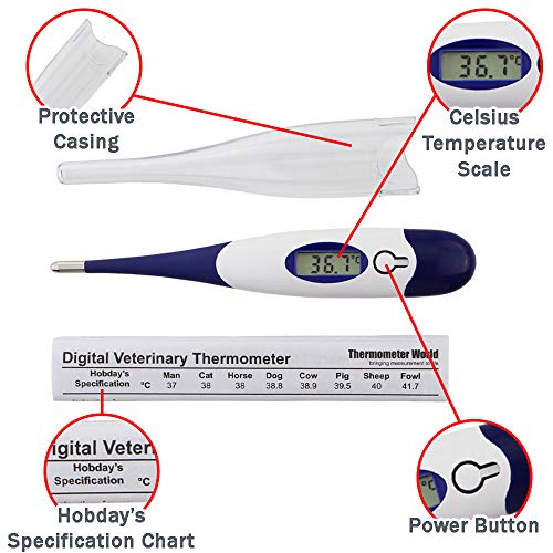 Digital Pet Thermometer for Animal Owners of Dogs Cats Horses Vets Flexible Temperature Probe Includes Veterinary Hobdays Chart - Thumbnail 3