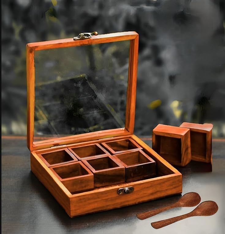 THEHEARTWILL Sheesham Wood Spice Box With 2 Spoons - 9 Container Masala Dabba Organizer for Kitchen - Decorative Handmade Brown Wooden Box T18