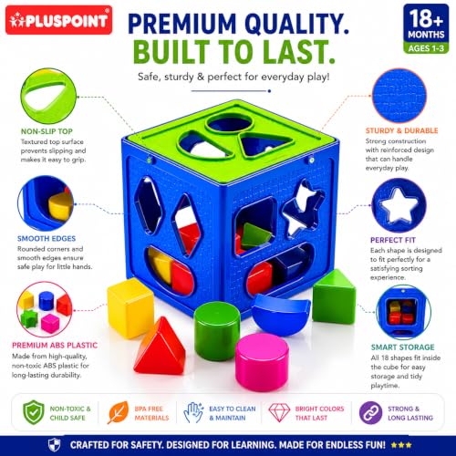 Image of PLUSPOINT Shape Sorter Toy for Kids 1-3 Years | Montessori Educational Learning Toy | 18 Colorful Shape Blocks & Sorting Cube | Shape & Color Recognition | Gift for Boys & Girls