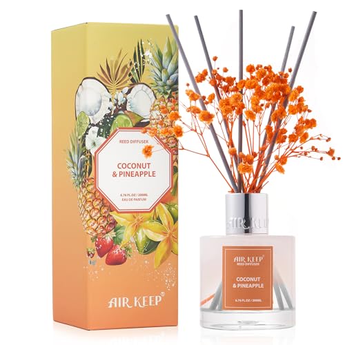 Image of Airkeep Reed Diffuser Set,6.76 fl oz (200 ml) - Coconut & Pineapple Oil Diffusers with 8 Reed Sticks, Home Fragrance Reed Diffuser for Bathroom Shelf Decor