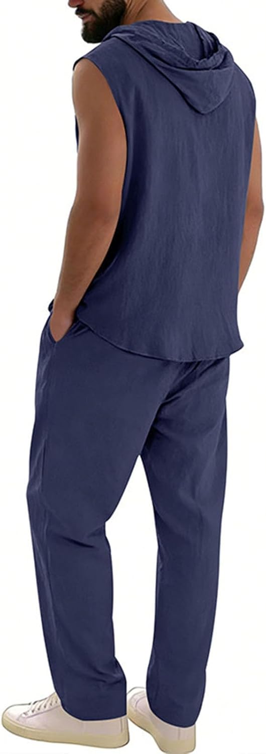 Mens Cotton Sets 2 Piece Outfits Sleeveless Solid Button Down Hoodies Straight Pants Summer Casual Vacation Suits
