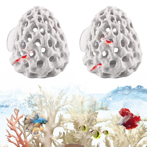 Silkwish 2 Stück Garnelen Versteck aus Plastik - Aquarium Höhle mit Saugnapf Simulation Poröser Korallenstein Cave Dekoration für Garnelen Fische Zucht & Schutz für Kleine Fische (Weiß)