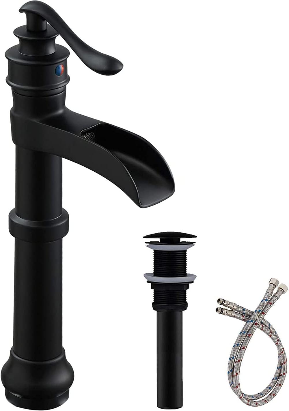 Black Bathroom Sink Faucet Waterfall Bowl Sinks Above Counter with Pop Up Drain Assembly Single-Handle 1 Hole Vanity Lavatory Supply Hose Mixer Tap