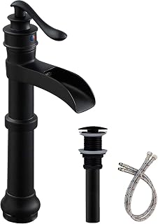 Bathfinesse Vessel Sink Faucet Black Bathroom Faucet Waterfall Bowl Sink Vanity Matte Black with Pop Up Drain Stopper Commercial Tall Farmhouse Spout Supply Lines Hose Mixer Tap Lead-Free