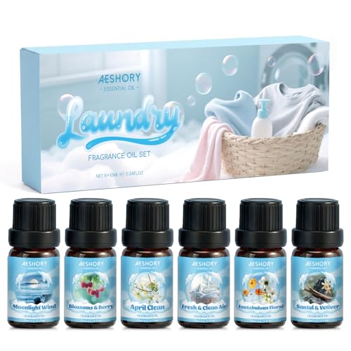 AESHORY Set de Aceites Esenciales de Lavandería 6 x 10ML, Aceite de Fragancia de Aromaterapia Limpio Fresco para Humidificador - Abril Limpio, Floral Fabuloso, Sándalo & Vetiver, Flores & Bayas
