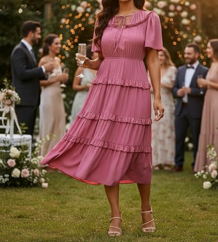 Image of Women's Short Sleeve Summer Boho Pleated Rayon Mid Dresses with Pockets for Wedding Guest