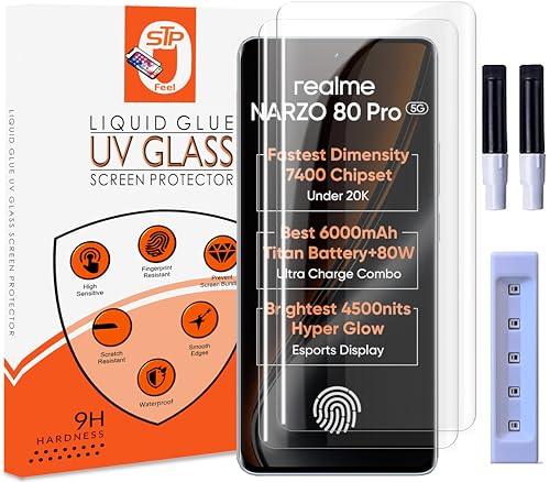 Image of STP FEEL Premium UV Tempered Glass Screen Protector Guard Compatible For Realme Narzo 80 Pro 5G (6.72 Inch, Pack of 2) Full Adhesive UV Curved Case Friendly HD Clarity with easy installation kit