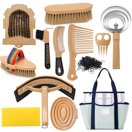 GHWMYD Boîte de Toilettage pour Cheval, Kit de 13 Brosses avec sac de Rangement Série Equine Care...