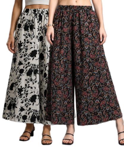 Image of Women Printed Palazzo Pants Combo Pack of 2, Comfortable Elastic Waist Lounge Pants for Women | Relaxed Fit, Loose Fitting Wide Leg Palazzo Pants, Casual Bottom (Available in S to 3XL Size)