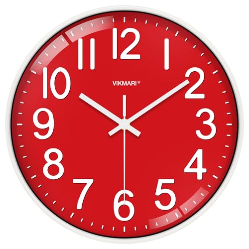 VIKMARI Horloge Murale Rouge 30 CM, Silencieuse et Facile à Lire, Horloge Moderne pour Chambre à Coucher, École à Domicile, Cuisine, Salon, Bureau