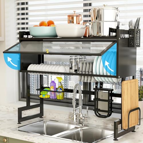 Dniieo Escurridor De Trastes 105cm, 3 Niveles Escurridor de Platos de Gran Capacidad con Puerta, Organizador Multifuncional para Platos sobre El...