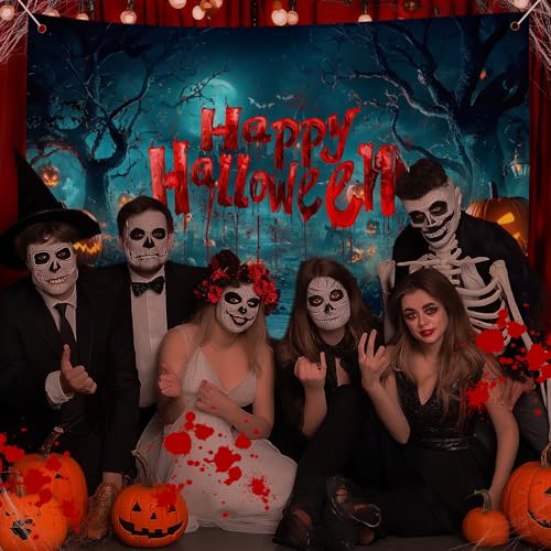 Halloween-Deko-Banner – Extra große „Happy Halloween“-Stoffkulisse mit realistischem Fotohintergrund zum Aufhängen, Partydekoration für drinnen & draußen, geeignet für Tür, Fenster, Wand, Garten, Haus