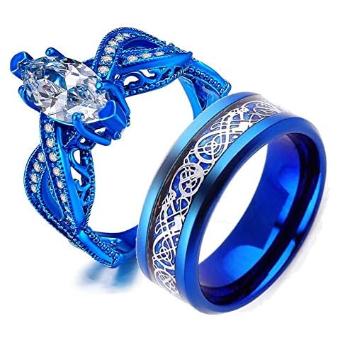 Gy Jewelry 2pc His and Hers Wedding Ring Sets Couples Rings Women's Blue IP Sapphire Cubic Zirconia Wedding Engagement Ring Bridal Sets & Men's Stainless Steel Wedding Band Cover