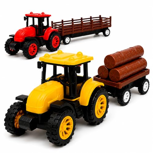 Image of Pull Back Farm Tractor Toy Set for Kids (2-7 Years) - 2 Friction Power Tractors with Detachable Trailer | Farming Play Set | Return Gift Toy Combo for Kids &Toddler | Educational & Role Play Set