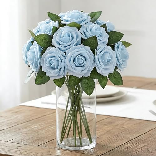 Image of 100Pcs Realistic Sky Blue Artificial Rose Flower Heads, Fake Sky Blue Foam Roses for DIY Wedding Decorations Baby Shower Centerpieces Home Party Valentine's Day Mother's Day Decor