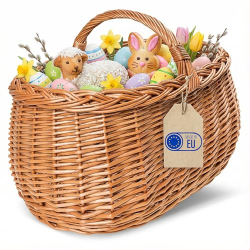 Creative Home Große Picknickkorb Weidenkorb mit Henkel Einkaufskorb Autokorb | 45 x 32 x 34 cm (+/- 2 cm) | Groß, Leicht | Naturbraun | Handgeflochten | Universell, Langlebig Osterkörbchen Geflochten