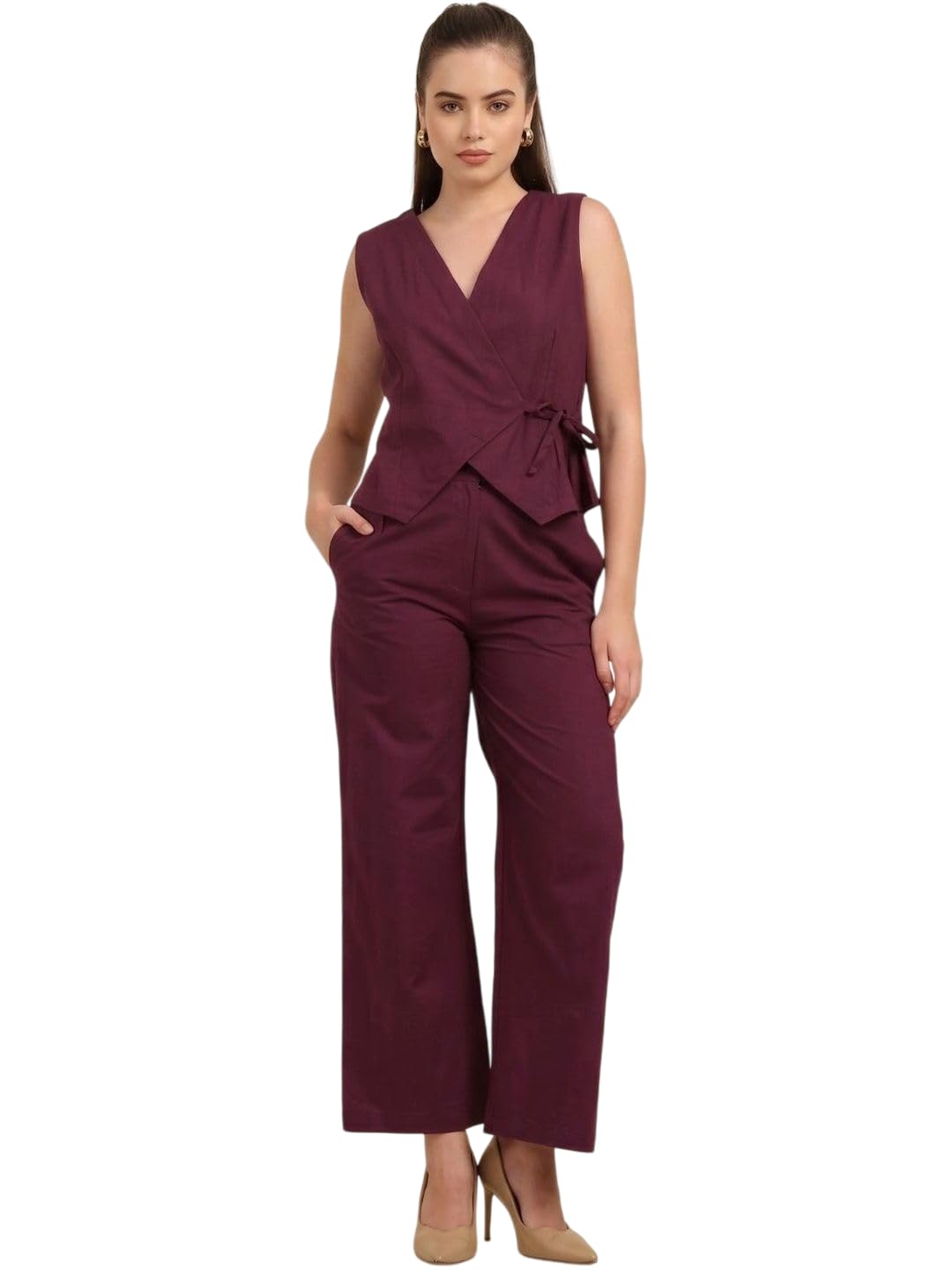 Women's Solid Sleeveless Wrap Top & Wide Leg Pants Co-Ord Set | Smart Casual for Office, Travel-picture-31